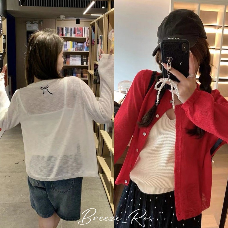 Breeze_Ros Áo Len Thêu Nơ Màu Trơn Áo Cardigan Mỏng Dài Tay Chống Nắng Cổ Tròn Mới