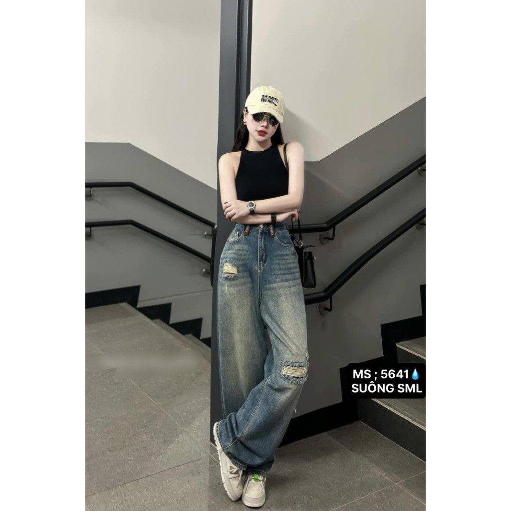 Quần jeans ống rộng nữ MIAA Wash bụi màu xanh cá tính , quần bò ống suông phong cách Ulzzang Hàn Quố