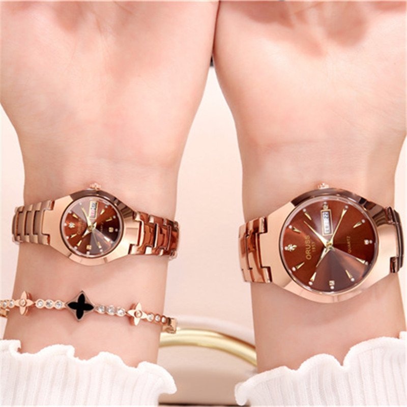 Oruss Original Couple Thép không gỉ Sang trọng Chống nước Lịch kép Đồng hồ Đơn giản Đen Hoa hồng Vàng Dạ quang Thời trang Phiên bản Hàn Quốc Đồng hồ đeo tay thạch anh