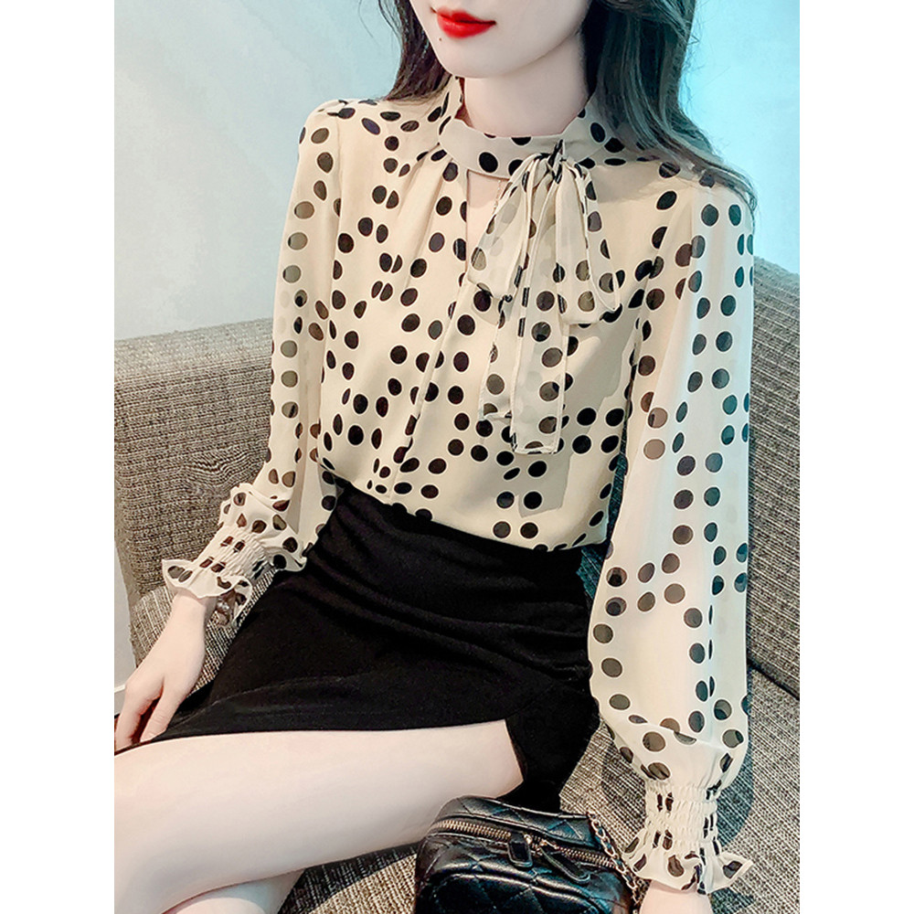 Áo sơ mi voan dài tay chấm bi mùa thu Áo Sơ Mi Nữ Mẫu Mới 2024 mùa thu Áo sơ mi đẹp sang trọng kiểu Pháp