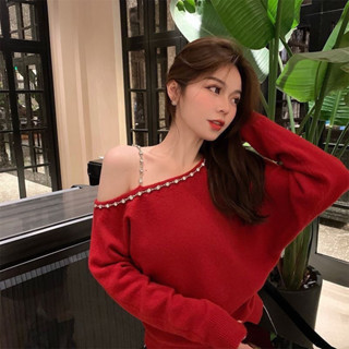 Áo Trễ Vai Đính Đá Hở Vai Áo dệt kim áo 2024 đầu thu Áo len mẫu mỏng mẫu ngắn kiểu Tây cao cấp cho nữ