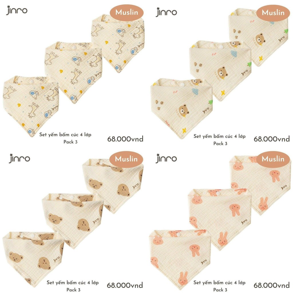 [ BulaKid ] Jinro - Set 3 Yếm Tam Giác Vải Mulsin mềm thấm hút tốt cho bé trai, bé gái từ sơ sinh đế