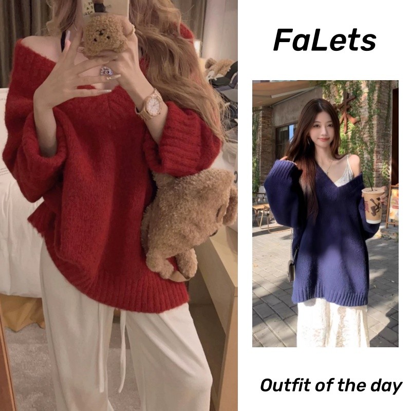 Áo len đỏ Áo noel tết cổ chữ V cao cấp phong cách lười Áo dệt kim dễ phối mặc ngoài rộng rãi mẫu mới 2024 | BigBuy360 - bigbuy360.vn