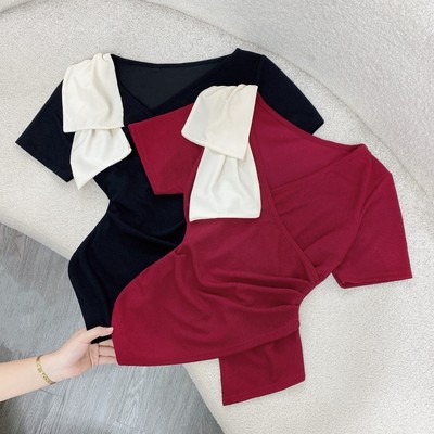 ÁO Thun Bigsize Nữ Tay Ngắn Cổ V Kèm Nơ Cổ Thanh Lịch Vải Ruby Co Giãn G263