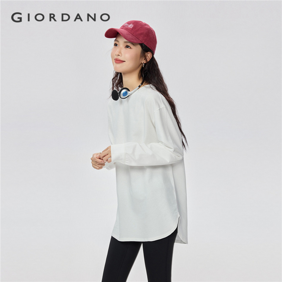 GIORDANO WOMEN 100% Cotton shirt cuff long sleeve mid long tee 13325795