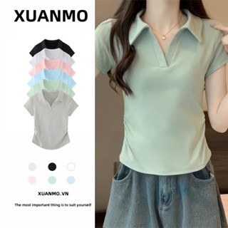 XUANMO Local brand Áo baby tee Áo Thun ôm body Áo y2k 100% cotton Áo thun nữ phong cách Hàn Quốc, cổ áo tay ngắn màu xanh lá cây