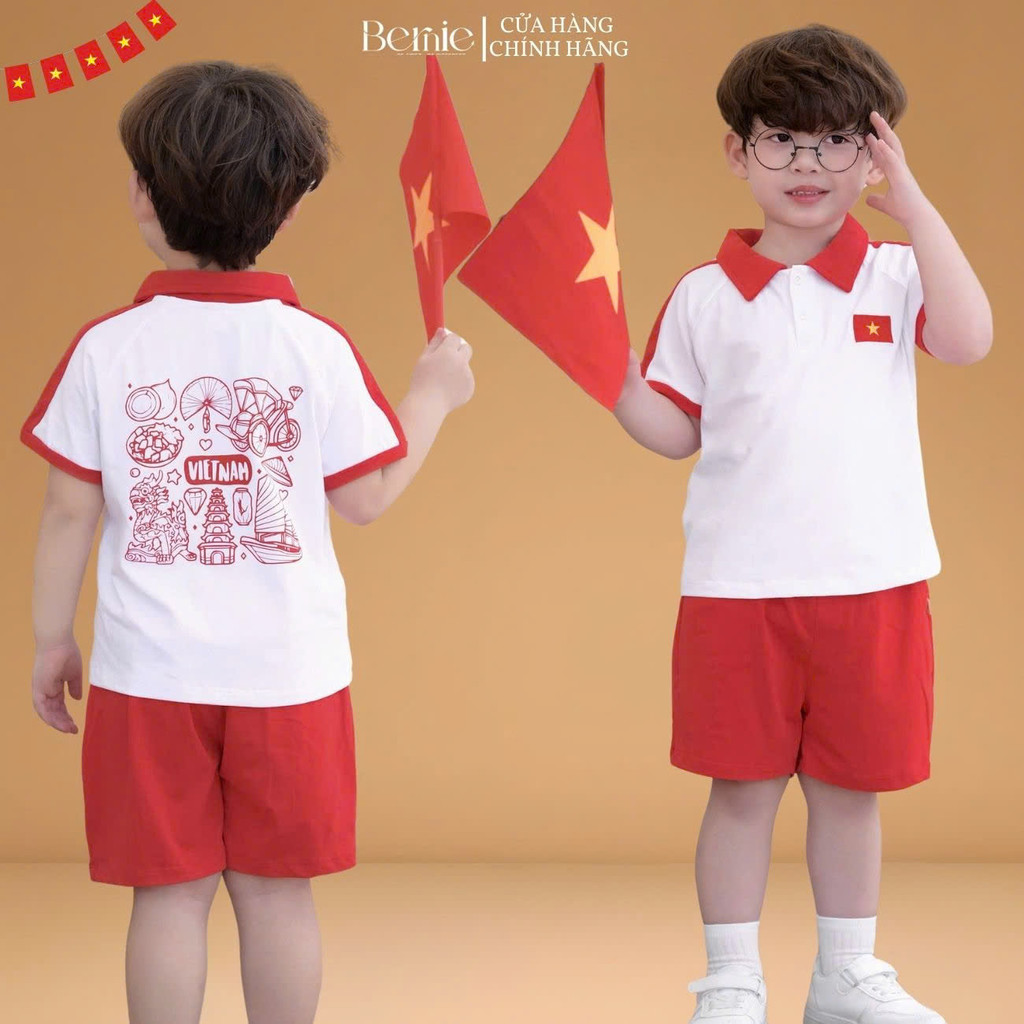 Set polo lá cờ đỏ sao vàng em bé Việt Nam lễ Quốc Khánh 2/9 30/4 thun cotton 9-28kg BERNIE H0725A42