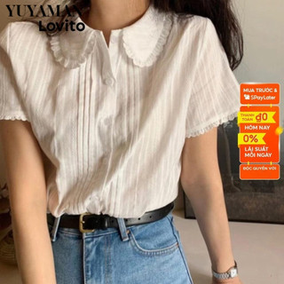 Áo Lovito phối viền nhún xếp ly màu trơn cơ bản cho nữ LNA03093 (màu trắng)