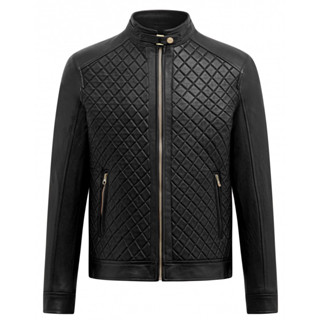 Áo da nam, áo da thật  FTT Leather Racer Jacket da cừu khuy cổ thân chần trám - Mã AD211