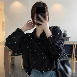 Hàn Quốc ve áo chấm bi Áo sơ mi nữ cổ điển dáng rộng đơn giản thời trang đa năng áo sơ mi dài tay