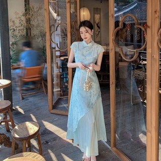  Váy Liền Sườn Xám Cách Tân Màu Xanh Dương Phong Cách Trung Quốc Váy Dài Nữ Mẫu Mới Mùa Hè 