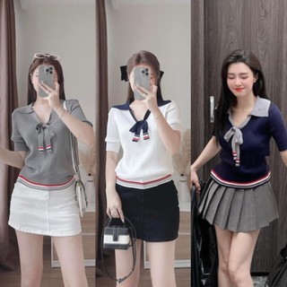 Áo len cổ V ngắn tay buộc nơ , áo len 3 màu cho nữ