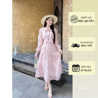 Set tơ hoa dáng dài tiểu thư nơ cổ Charme 403027