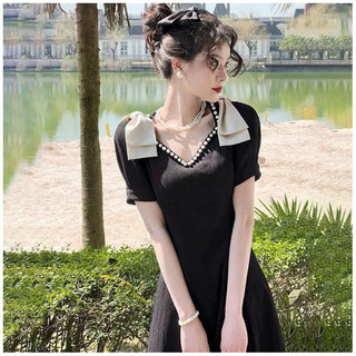 Đầm voan giảm béo eo mới dành cho nữ Váy đen sang trọng sang trọng kiểu Pháp
