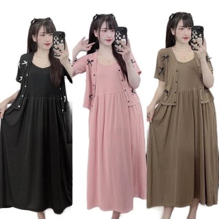 Sét suông sét bầu MAMADRESS VÁY HAI DÂY KÈM ÁO ĐÍNH NƠ thiết kế chất TĂM co giãn thấm hút mồ hôi xinh xắn tiểu thư S28