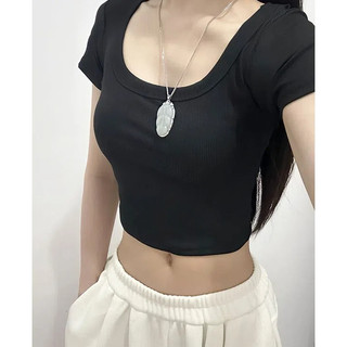 American Retro Hot Girl Cổ Chữ U Slim-fit Ngắn Rốn Áo Thun Nữ Mỏng Hơn Nhìn Niche Tất Cả @ -