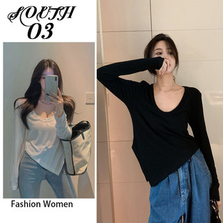 Áo thun mỏng cổ thấp gợi cảm màu trắng thời trang dài tay đáy áo sơ mi mùa thu mới Slim Top