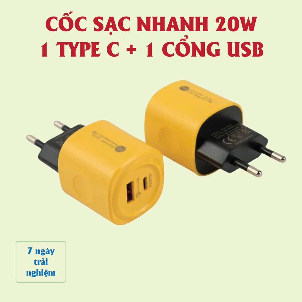 Củ sạc nhanh 2 in 1 gồm: 1 cổng Type C + 1 cổng USB, Củ sạc 2 cổng, Cốc sạc nhanh 2 cổng, Cáp sạc nh