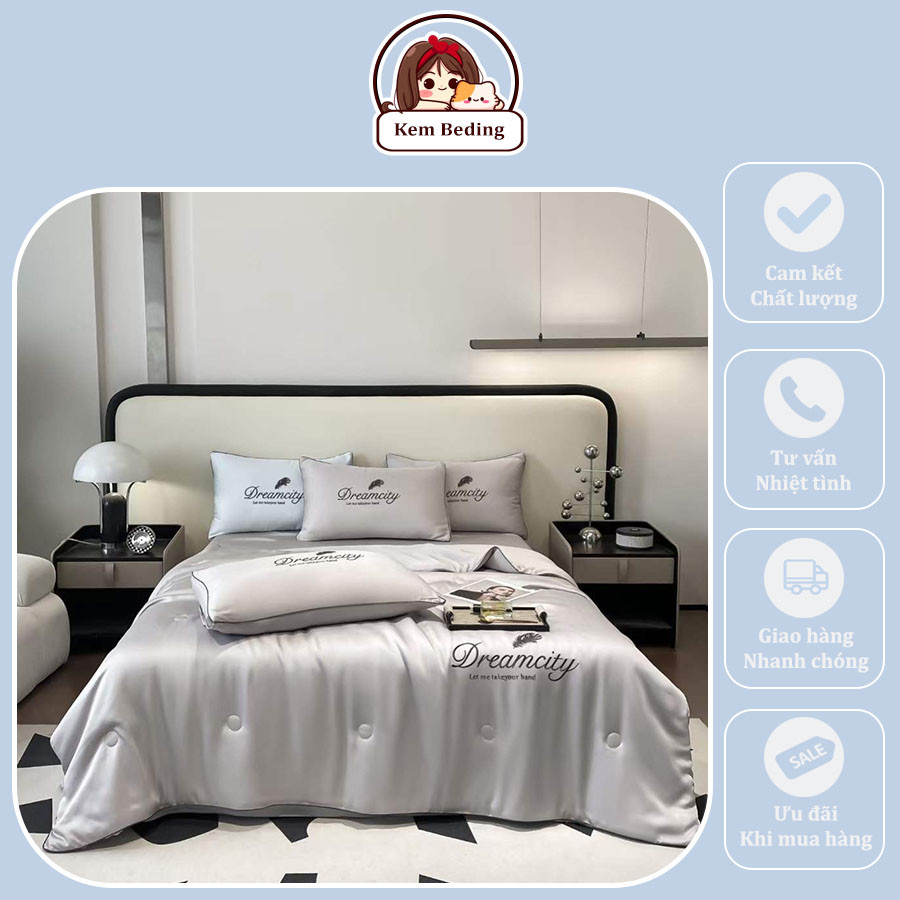 Bộ chăn ga gối 4 món cao cấp Phi lụa Dream City - Ga bo chun chân cao theo yêu cầu