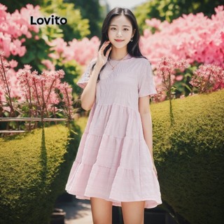 Lovito Đầm họa tiết trơn đơn giản Ruffle Hem L24AD038 (Hồng)