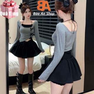 Sét bộ nữ 3 món áo bẹt vai croptop xẻ tà nơ bèo kèm áo lót dây cổ yếm và chân váy nơ bí lưng thun eo 58-75cm Free Size