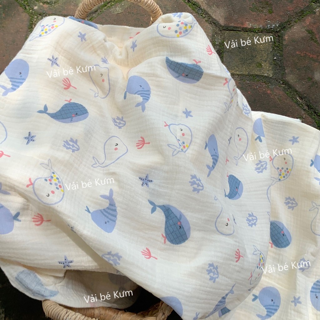 Vải xô muslin may đồ - Vải xô muslin may đồ cho bé mẫu cá voi xanh XT1