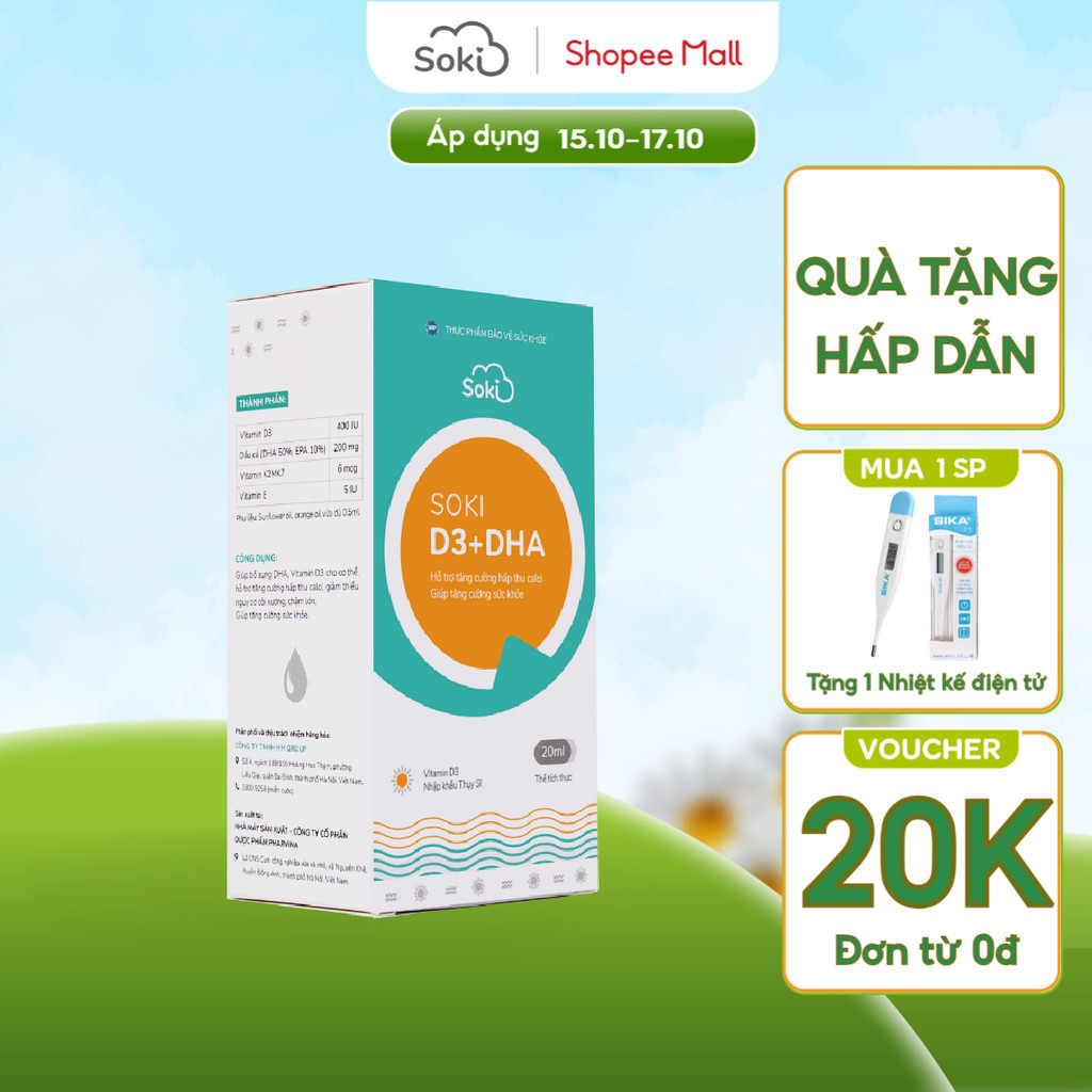 Siro SOKI D3+DHA Giúp Trẻ Hấp Thu Canxi, Tăng Chiều Cao, Phát Triển Trí Não Và Thị Lực Lọ 20ml