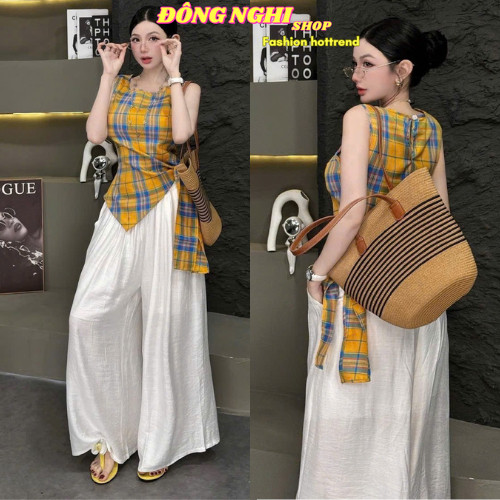 Bộ đồ nữ, set đồ nữ sang chảnh, set bộ áo Lụa caro sát nách dây nơ mix quần dài Đũi xước 2 lớp