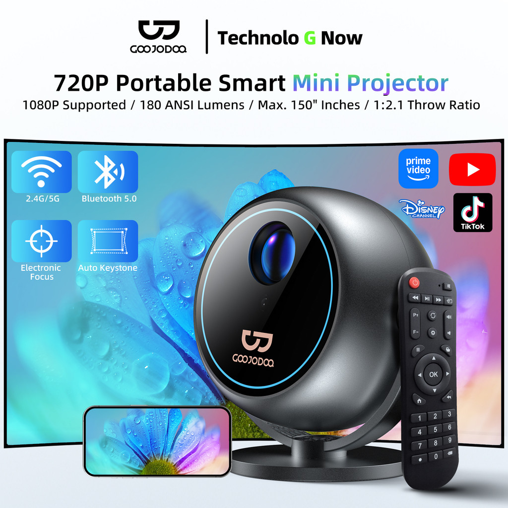 Máy chiếu mini di động GOOJODOQ Full HD 1080P 180 ANSI Xoay tự do 360° Bluetooth 5.0 Tự động lấy nét