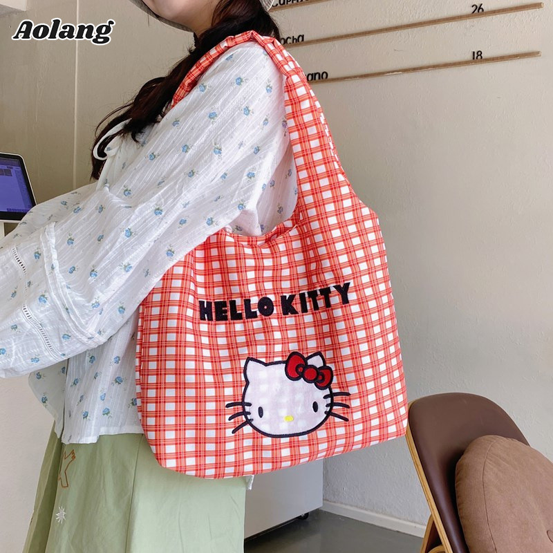Túi đeo vai Aolang Túi xách Túi vải kẻ sọc Túi Hellokitty Túi xách thông thường di động phù hợp