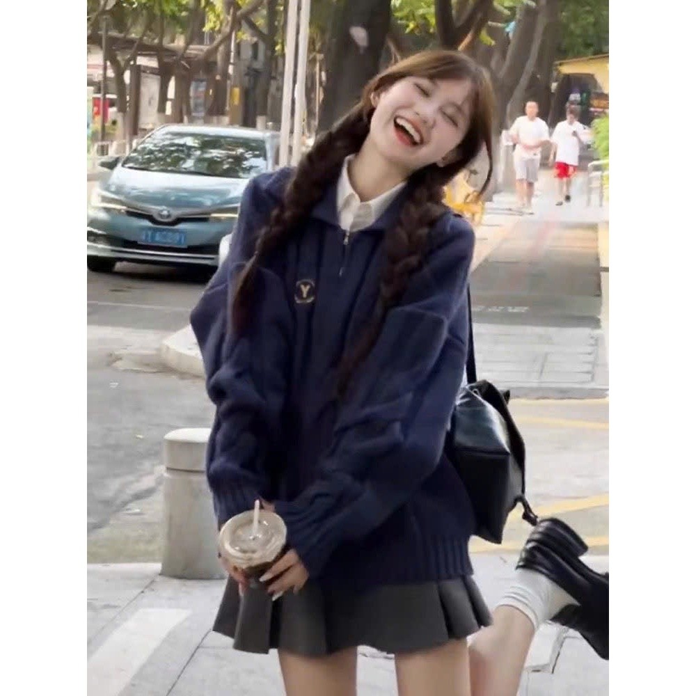 [ẢNH THẬT] Áo len vặn thừng nữ Yummy cổ sơ mi, Áo len cổ sơ mi phối khóa kéo vintage Hàn Quốc AL22 | BigBuy360 - bigbuy360.vn