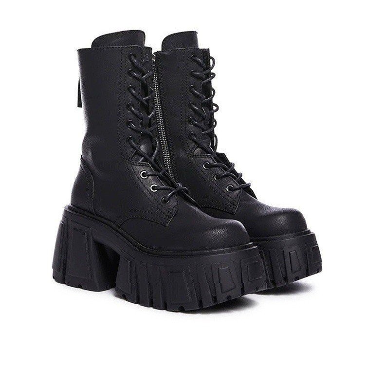 10CM Đế Dày Phong Cách Anh Màu Đen Giữa Ống Buộc Trước Martin Boots PU Thời Trang Mặc Ngoài Trời Chống Trơn Trượt Du Lịch Mua Sắm Buổi Hòa Nhạc Truyện Tranh Triển Lãm Thời Trang Bo
