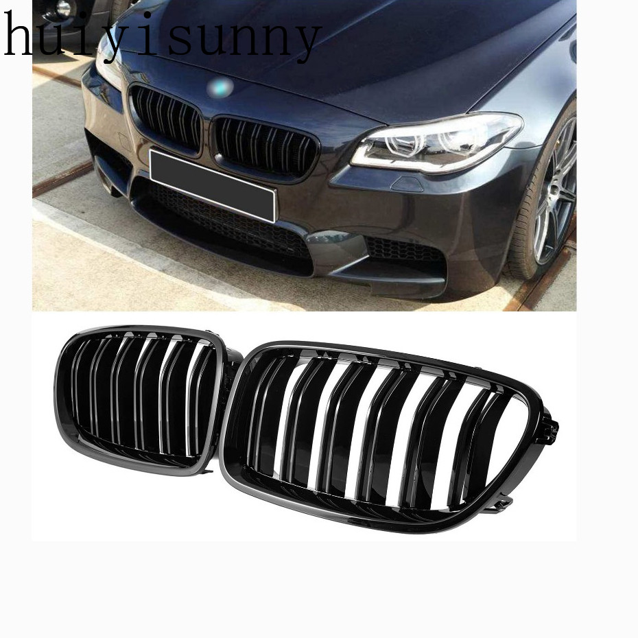 HYS Double Slats Gloss Glossy Black Grill 2 chiếc F10 Lưới tản nhiệt thận cho 2010-2017 BMW 5 Series