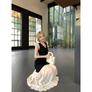「Nonfatgirl」Pháp Nhẹ Nhàng Cổ Chữ v Nhỏ Đen Đầm Khâu Ren Organza Màu Sắc Tương Phản Áo Vest Dài Đầm