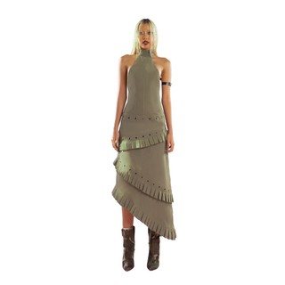 Puzzle Halter Neck Pleated Trim Dress - Đầm Khaki cổ yếm đóng khoen xếp tầng có thể tháo rời