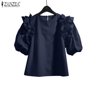 Zanzea Nữ Thời Trang Hàn Quốc Xù Khâu Rời Chữ A Tay Ngắn Cổ Tròn Tay Phồng Áo