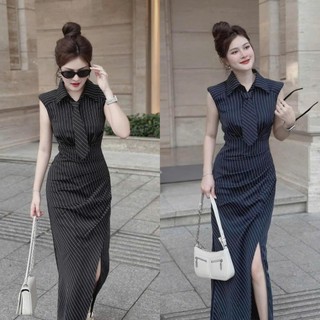 Đầm Body Kẻ Sọc Cổ Bâu Thắt Cà Vạt , Body Ôm dài Qua Gối Xếp Li 1 Bên Siêu Cưng , Hot , Đi Chơi Cực Xinh