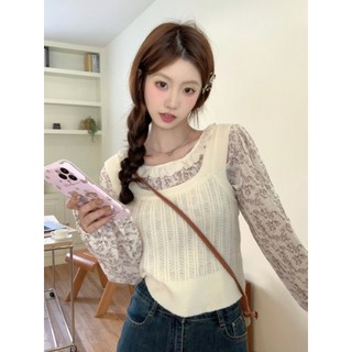 Kii Wii Áo Vest dệt kim dáng rộng Hàn Quốc mùa thu mới dành cho nữ + Áo sơ mi dài tay hoa 240810