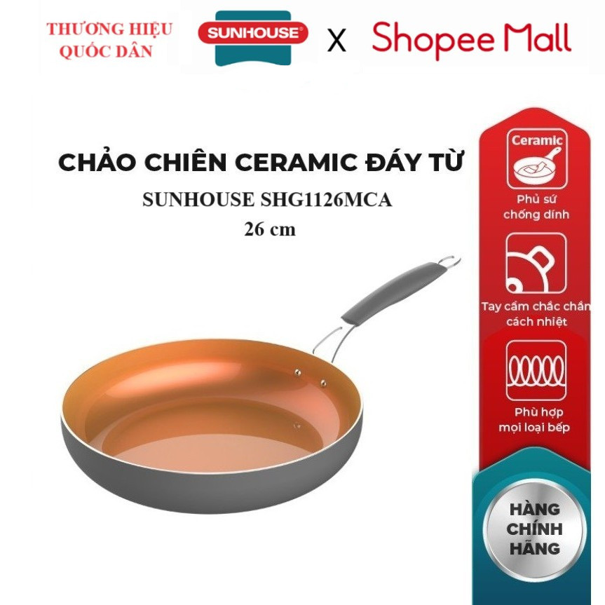 Chảo chiên Ceramic đáy từ SUNHOUSE SHG1126MCA, SHG1128MCA, SHG1130MCA, Phủ sứ chống dính, Tay cầm in