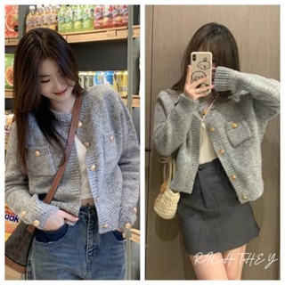 RICH-THEY Áo Sơ Mi Dệt Kim Màu Xám Của Phụ Nữ Mùa Xuân Thời Trang Mới Và Áo Khoác Lỏng Lẻo