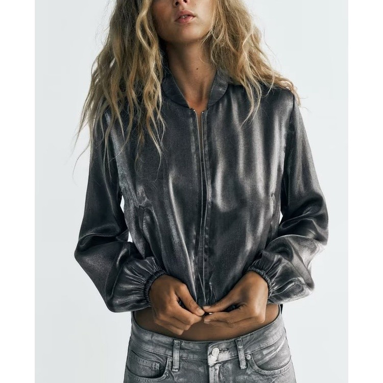 Zara made in Morocco đủ tag made in Morocco Áo Khoác bomber Chất Lụa lấp lánh dáng bomber