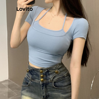 Áo thun Lovito màu trơn giả 2 lớp thanh lịch dành cho nữ LNE68346