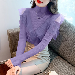  Áo dệt kim lưới hở vai dài tay cổ cao một màu cho nữ phong cách phương Tây thời trang mẫu mới mùa thu đông 