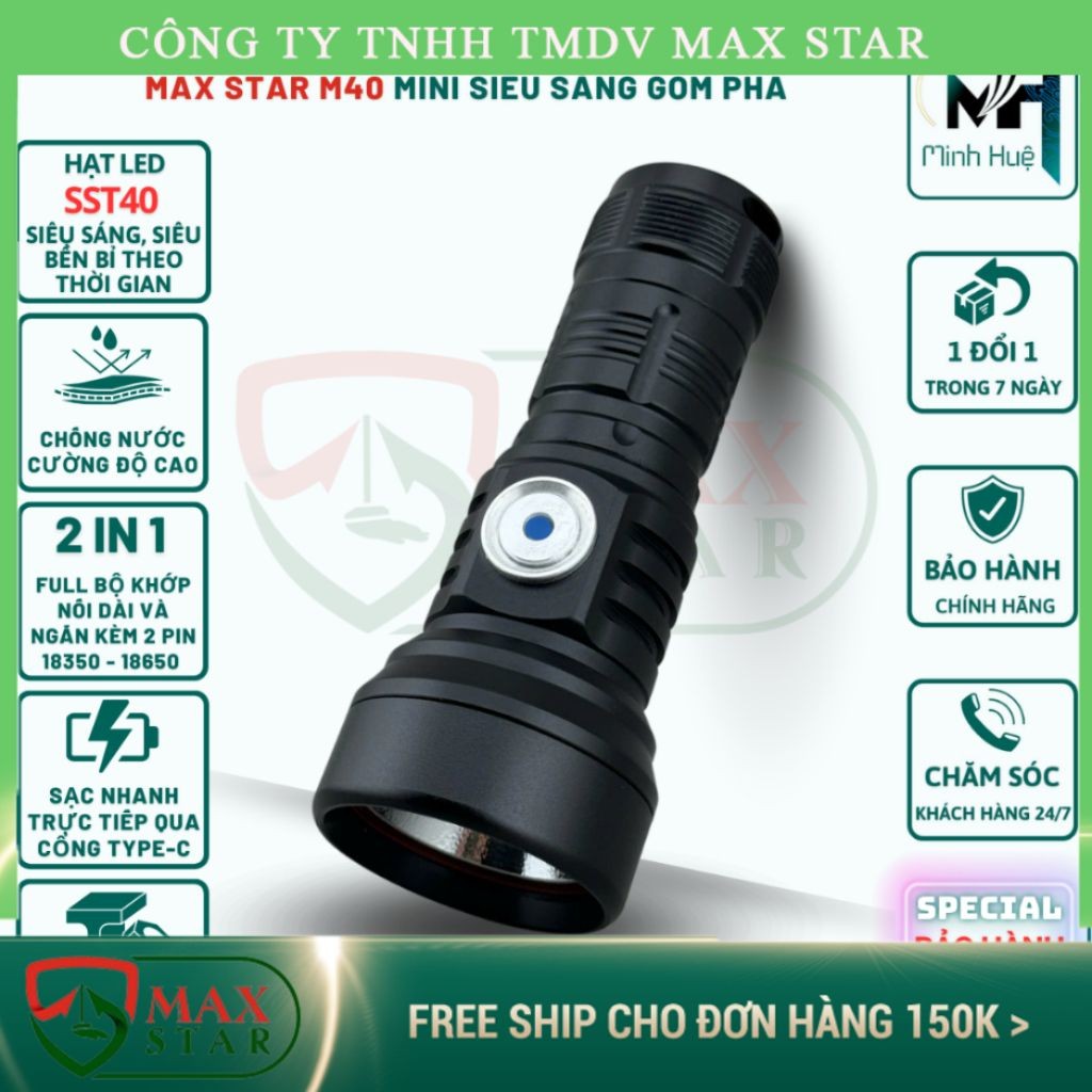 Đèn pin cầm tay mini siêu sáng gom pha MAX STAR M40 vỏ nhôm chống nước IPX7 led sst40 cao cấp