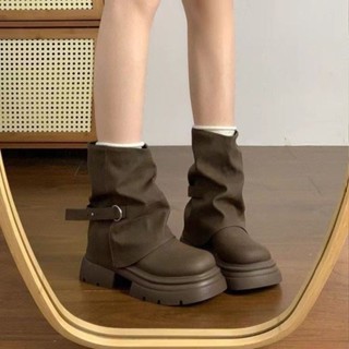 Retro Merad Quần Dày Giày Bốt Martin Giày Bốt Nữ PU Thu Đông Phong Cách Mới Ngón Chân Tròn Tay Thời Trang Bên Ngoài Chống Trơn Trượt Chống Mài Mòn Giữa Ống Boot