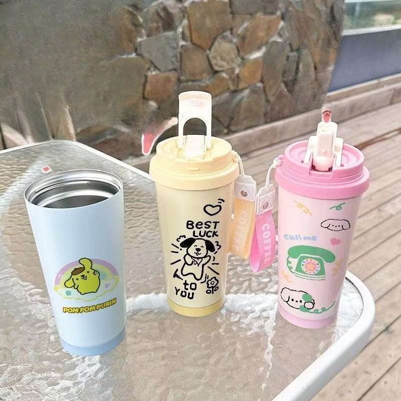 Bình Giữ Nhiệt Inox 316-Bình Giữ Nhiệt Chữ Hán Cá Tính "Pompompurin"+"Uống Nước" (Dung Tích 500ml)