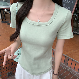 Áo thun ngắn tay cổ chữ U Cotton mùa hè dành cho nữ C & M Áo thun ngắn màu xanh lá cây vừa vặn