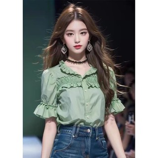 Áo Sơ Mi Nữ Tay Ngắn Mùa Hè Nữ Mùa Hè Cao Cấp Ánh Sáng Sang Trọng Xanh Áo Sơ Mi Tay Ngắn Nữ Rời Người Nhỏ Mặc Tay Hẹp