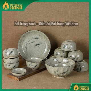 Bộ bát đĩa sứ men tiêu bát tràng cao cấp tô chén sứ ăn cơm hoạ tiết chuồn chuồn cỏ, gốm sứ bát tràng cao cấp