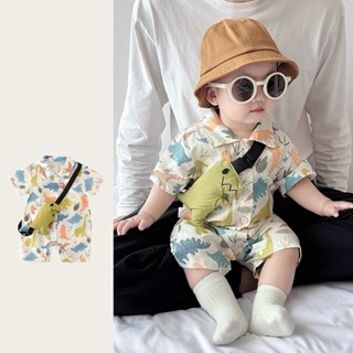 Quần áo liền quần cho bé Quần áo liền quần ngắn tay mùa hè + Túi khủng long Bé trai Bé gái Bộ đồ liền thân hoạt hình 0-2 tuổi Quần áo sơ sinh